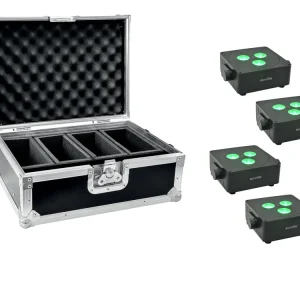 Abverkauf EUROLITE Set 4x AKKU IP Flat Light 3 sw + Case