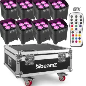Markenware BUNDLE: 8x BeamZPro "BBP54" Uplight Akku Outdoor IP65 LED Par mit 4x 12 Watt RGBWA+UV LED's & Wireless DMX + "FCC10" Flightcase mit Ladefunktion