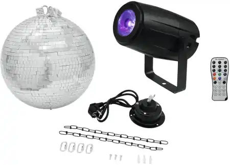 EUROLITE Spiegelkugelset: 30cm Kugel, "LED PST-5" RGBW Strahler mit Fernbedienung, Drehmotor mit Kette Neu Im Sortiment